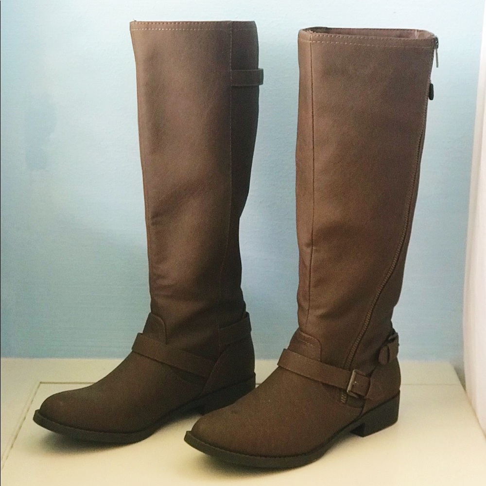 TALL BROWN FAUX LEATHER RIDING BOOTS